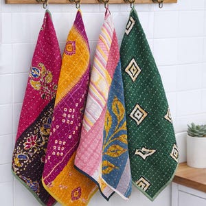 Kantha Kitchen Towel Set 5 | Vintage Cotton Tea Towels | Handmade Dish Cloth | Boho Decor