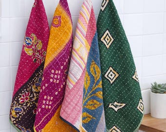 Juego de 5 paños de cocina Kantha | Paños de cocina vintage de algodón | Paño de cocina hecho a mano | Decoración bohemia