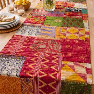 Vintage Kantha Patchwork Table Runner Handmade Cotton Bohemian Dining Decor
