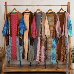 Silk Patchwork Kimono Robe | Boho Loungewear Jacket | Vintage Sari Cover-up