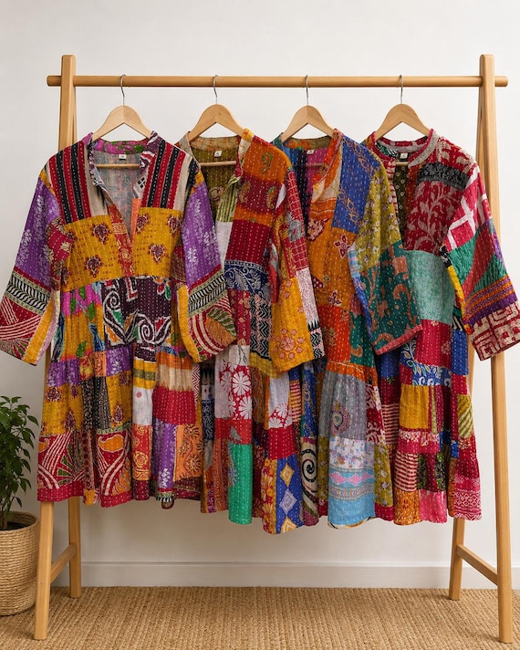 bohemian dresses wholesale Vintage Kantha Patchwork Dress , Boho Loose Fit Dresses,Bohemian Handmade Cotton Tunic, Sustainable Upcycled Fitting Type_G White Sheer Maxi Beach Size:39/S