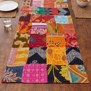 Camino de mesa estilo boho patchwork, manteles de algodón vintage acolchados kantha hechos a mano, lino artesanal textil sostenible imagen 12