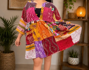 Vestido Boho Kantha Solara – Vestido Oversized de Algodão Patchwork – Túnica Maxi Feita à Mão – Roupa Kantha Vintage Sustentável – Disponível em Tamanhos Grandes
