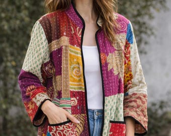 Kantha Jacket : Boho Handmade Patchwork Quilted Cotton Coat Vintage Indian Jackets Sustainable Bohemian Wear