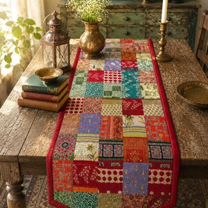 Reversible Vintage Kantha Patchwork Table Runner – Handmade Cotton Decor Both Side Patchwork