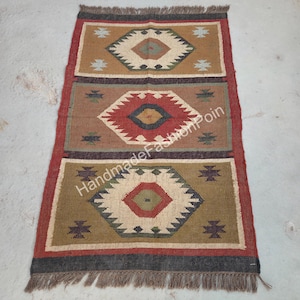 Rug - Kilim Wool Jute Rug, Handwoven, Wool and Jute Rug Handmade, Kilim Dhurrie Rug, Traditional Indian jute Area rug