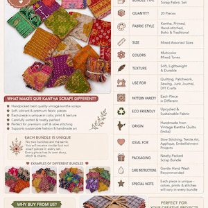 May include: A colorful Kantha scrap bundle details chart. The chart displays information about the fabric, including its vintage, recycled cotton material, assorted set type, and mixed assorted sizes. The fabric is hand-stitched, printed, and comes in mixed tones. Ideal for quilting and patchwork projects.