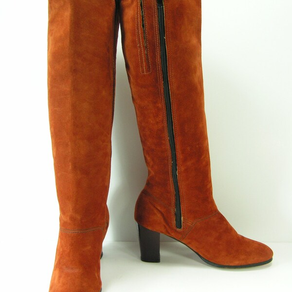 vintage hushpuppies suede knee high zipper boots womens 7.5 M rust pumkin brown leather fashion