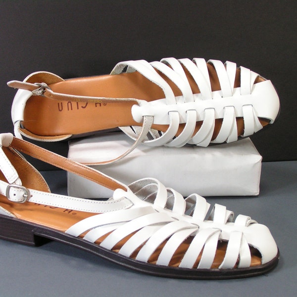 unisa white huarache leather sandals womens 7 M B flats spring summer shoes strappy