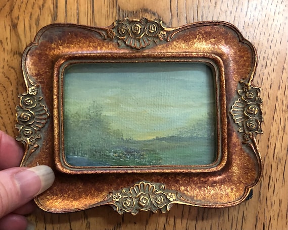 Antique Finds "Green Valley" miniature paintings vintage style antique style framed art mini landscape painting small paintings nature