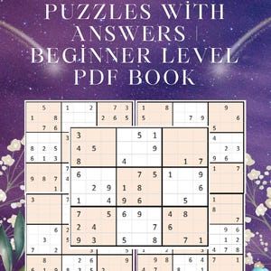 K&ouml;nnte beinhalten: Ein druckbares PDF-Buch mit dem Titel "Easy Sudoku for Adults - 50 druckbare R&auml;tsel mit L&ouml;sungen". Das Cover zeigt ein Sudoku-Gitter und Text in Wei&szlig; auf einem lila Hintergrund mit floralen Akzenten.