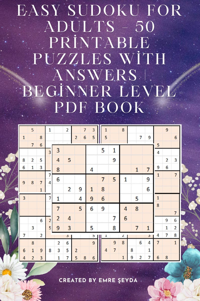 K&ouml;nnte beinhalten: Ein druckbares PDF-Buch mit dem Titel "Easy Sudoku for Adults - 50 druckbare R&auml;tsel mit L&ouml;sungen". Das Cover zeigt ein Sudoku-Gitter und Text in Wei&szlig; auf einem lila Hintergrund mit floralen Akzenten.