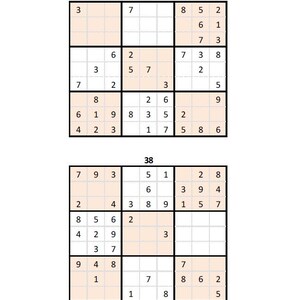 K&ouml;nnte beinhalten: Zwei Sudoku-R&auml;tsel werden angezeigt, jedes in einem schwarzen Rahmen. Das obere R&auml;tsel ist mit "37" und das untere mit "38" beschriftet. Jedes R&auml;tsel hat ein Raster aus Zahlen und leeren Feldern, wobei einige Abschnitte hellorange hervorgehoben sind.