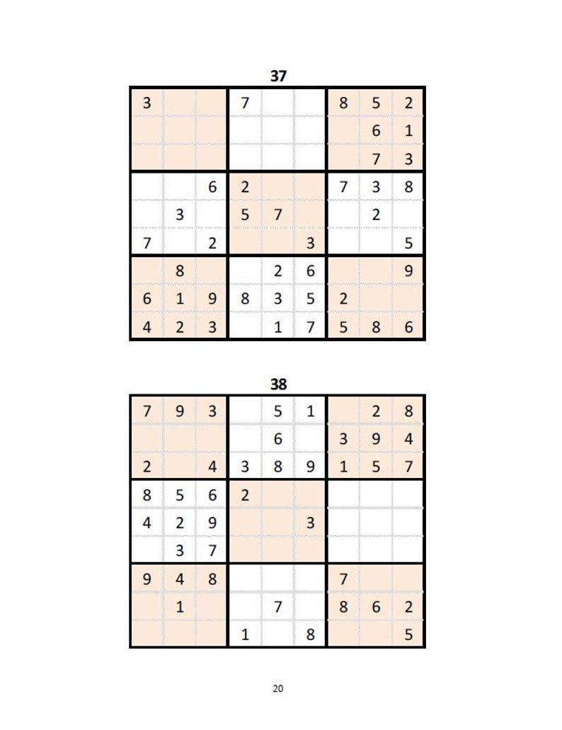 K&ouml;nnte beinhalten: Zwei Sudoku-R&auml;tsel werden angezeigt, jedes in einem schwarzen Rahmen. Das obere R&auml;tsel ist mit "37" und das untere mit "38" beschriftet. Jedes R&auml;tsel hat ein Raster aus Zahlen und leeren Feldern, wobei einige Abschnitte hellorange hervorgehoben sind.