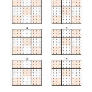 K&ouml;nnte beinhalten: Eine gedruckte Seite mit sechs Sudoku-R&auml;tseln, jedes mit einem 9x9-Raster aus Zahlen. Die R&auml;tsel sind von 31 bis 36 nummeriert, wobei einige Zellen mit Ziffern vorgef&uuml;llt sind. Die Seite ist wei&szlig; mit schwarzem Text.