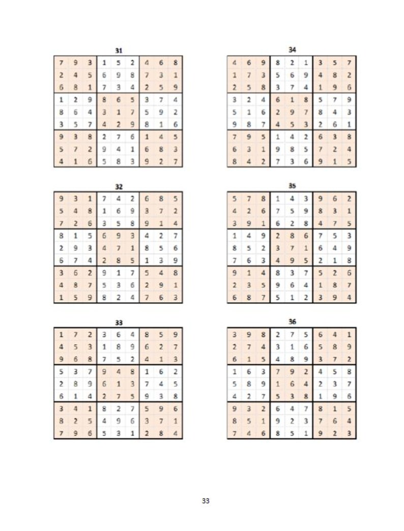 K&ouml;nnte beinhalten: Eine gedruckte Seite mit sechs Sudoku-R&auml;tseln, jedes mit einem 9x9-Raster aus Zahlen. Die R&auml;tsel sind von 31 bis 36 nummeriert, wobei einige Zellen mit Ziffern vorgef&uuml;llt sind. Die Seite ist wei&szlig; mit schwarzem Text.