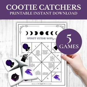 May include: A printable Cootie Catcher game with the text "Spirit Guide Says..." and "5 Games." The game features illustrations of a crystal ball, runes, and crystals. The image includes dice with similar illustrations. The background is a light wood grain.