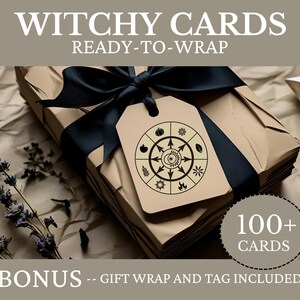 May include: A gift-wrapped box with a black ribbon and a decorative tag. The tag has a circular design with symbols. The text "WITCHY CARDS" and "READY-TO-WRAP" are at the top. The image also includes the text "100+ CARDS" and "BONUS -- GIFT WRAP AND TAG INCLUDED".