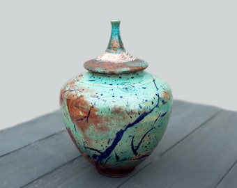 Memorial Urn, 10 in. Turquoise Raku Jar, Handmade, Wheel Thrown, Decorative Pottery Jar, Crematory, Nature Decor, Mantle Decor, Centerpiece