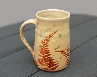 Big Mug,Stoneware,Handmade Pottery, 22 oz. Wheel Thrown, Microwave Friendly,Country Cottage,Farm House, Fern.Woodland,Botanical.Holiday Gift