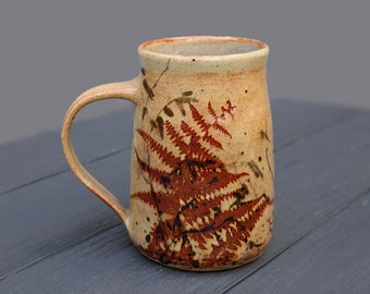 Giant Mug, 26oz. Handmade, Rusty Fern,Microwave Safe, Stoneware Pottery, Wheel Thrown, Large Handle, Woodland, Holiday Gift for Him or Her