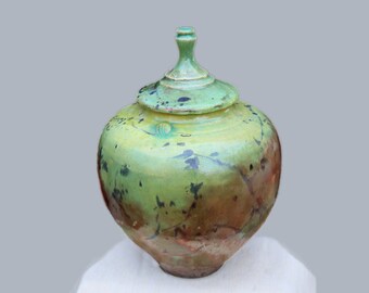 Raku Urn, Keepsake Jar, Large Chartreuse Decorative, Memorial Pottery Jar,Nature, Cremation Jar, Cottage Centerpiece for Home, Mantel,Office