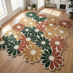 Hand Tufted Floral Area Rug, Daisy Flower Rug, Irregular Shaped Wool Carpet, Modern Boho Rug, Living Room Nursery Decor