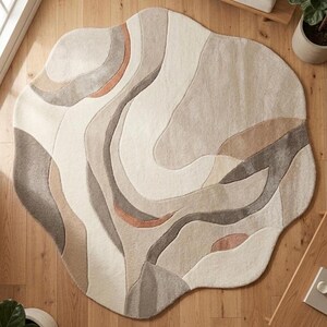 Hand Tufted Abstract Irregular Rug, Modern Organic Wool Area Rug, Beige Ivory Sculpted Carpet, Living Room Bedroom Decor