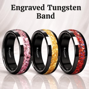 Engraved Black Tungsten Ring with Pink, Yellow Glass Stones & Red Purple Opal Inlay