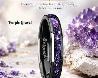 May include: A black tungsten carbide band featuring a central inlay of purple gravel. The word Beloved is engraved on the inner surface of the ring. Text on the image includes Tungsten Carbide Band, This would be the favorite gift for your favorite person, and Purple Gravel.