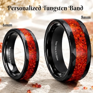 6/8mm Black Tungsten Ring Red Opal Inlay Hammered Engraved Wedding Band