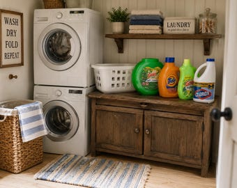 1:12 Scale Miniature Laundry Set with Detergent Bottles and Basket