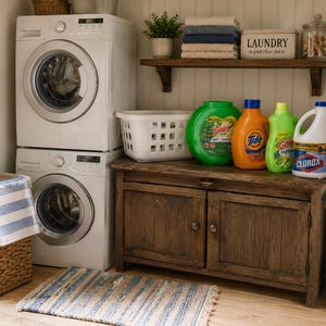 1:12 Scale Miniature Laundry Set - Dollhouse Detergent Bottles and Basket
