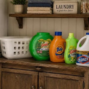 May include: A white plastic laundry basket sits next to four detergent and bleach bottles on a wooden cabinet. The bottles include green Gain, orange Tide, light green Gain, and white Clorox. A shelf above holds folded towels and a laundry bin.