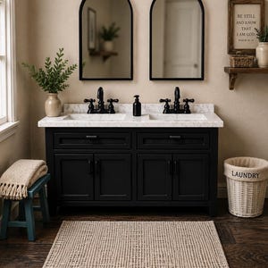 1:12 Scale Black Double Sink Vanity | Miniature Dollhouse Bathroom Cabinet (Granite Look Countertop)