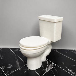 May include: A miniature white toilet featuring a smooth, rounded bowl, a closed lid, and a rectangular tank. The object has a matte finish and a textured surface consistent with 3D printed construction, presented as a standalone decorative item.
