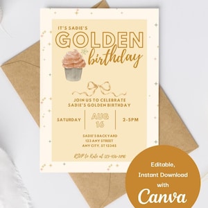 Golden Birthday Invitation Editable Canva Template, Digital Download Party Invite Template