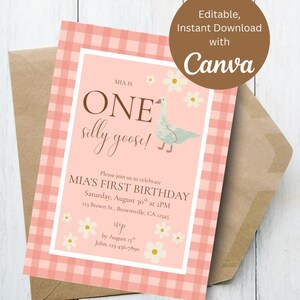 One Silly Goose Invitation Template,  Editable Pink Gingham Silly Goose Invite, Digital Download Invitation Template