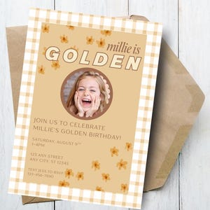 Golden Birthday Gingham Invitation Editable Canva Template, Digital Download Party Invite Template