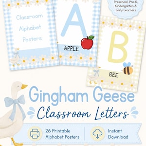 Gingham Geese Alphabet Posters | Pastel Classroom Decor | Printable ABC Wall Cards | Goose Classroom Theme