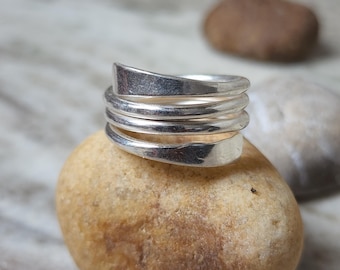 Modern Sterling Silver Wrap Ring | Minimalist Stacked Band Ring | Adjustable Contemporary Ring for Women | Handmade Layered Jewelry