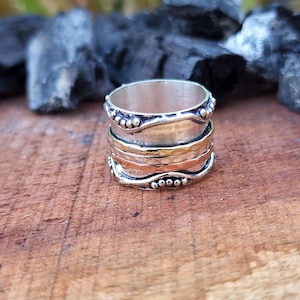 Sterling Silver Spinner Ring: Tri-Color Meditation Band, Anxiety Relief