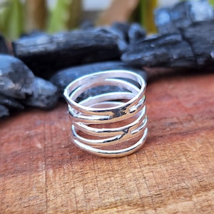Hammered Sterling Silver Wide Band Ring: Adjustable Open Wrap Design