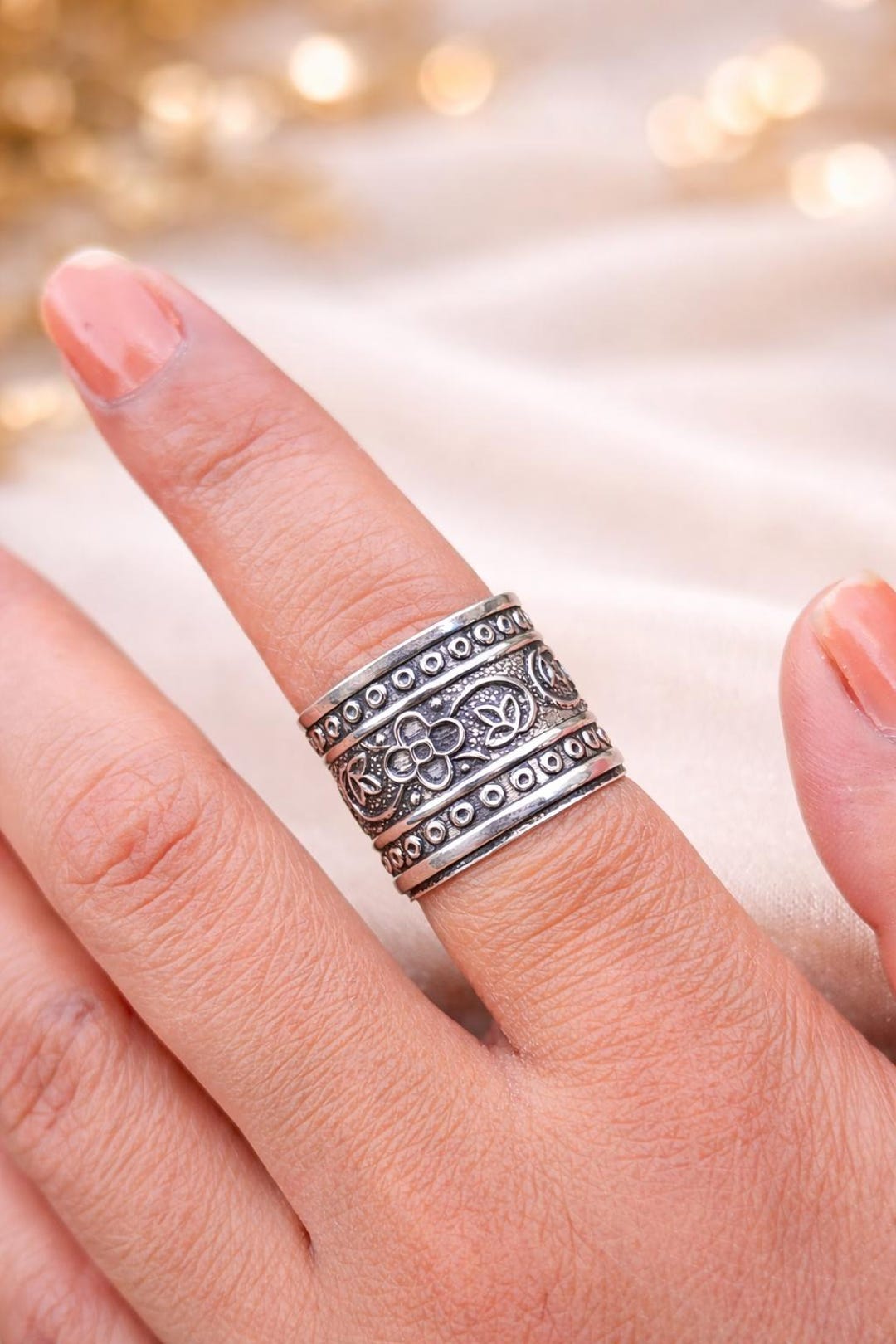 Boho Floral Silver Ring, Wide Band Oxidized Statement Ring - Etsy