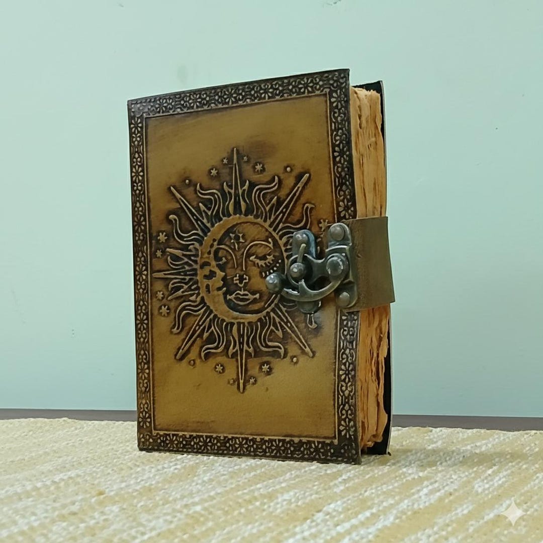 Embossed Leather Journal, Celestial Sun Moon Design, Antique Clasp ...