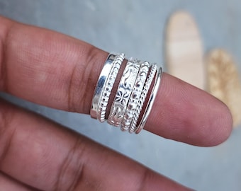 Set of 5 Sterling Silver Stacking Rings | Boho Thin Band Rings | Handmade 925 Silver Textured Rings | Minimalist Midi Rings Gift for Her