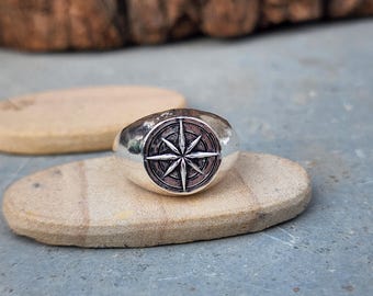 Handmade 925 Sterling Silver Signet Ring for Men & Women, Nautical Travel Jewelry, Symbolic Direction Ring, Boho Gift for Traveler
