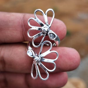 Adjustable Sterling Silver Double Flower Ring: Handmade Boho Statement Jewelry