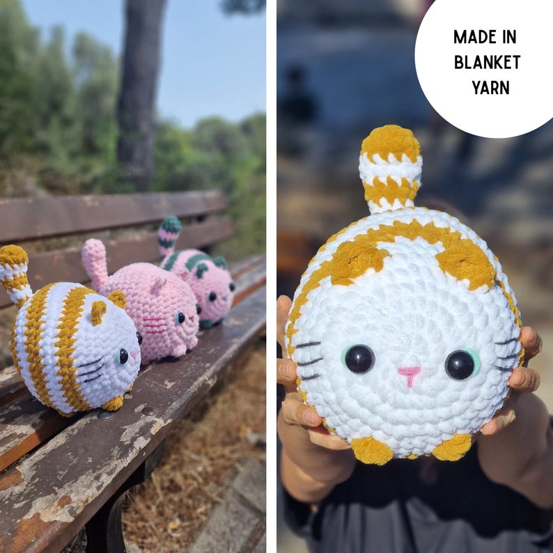 May include: Crocheted cat plush toys in white, yellow, pink, and green. The cats have black eyes and pink noses. One cat is held up close, with the text "MADE IN BLANKET YARN" in a white circle.