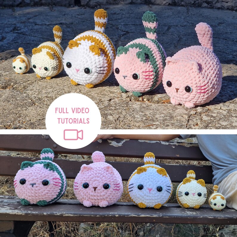 May include: A collection of handmade crochet cat plushies in various sizes and colors. The cats feature white, pink, and yellow bodies with striped and solid patterns. Each cat has black eyes, a small nose, and a curled tail. The image also includes the text "FULL VIDEO TUTORIALS".